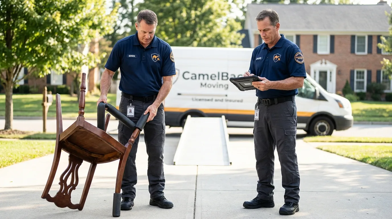 Movers inspecting furniture for damage prevention before loading in Ingalls, IN