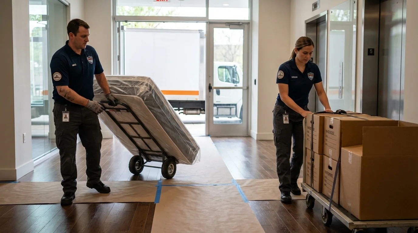 Professional apartment movers loading elevator in Ingalls, IN